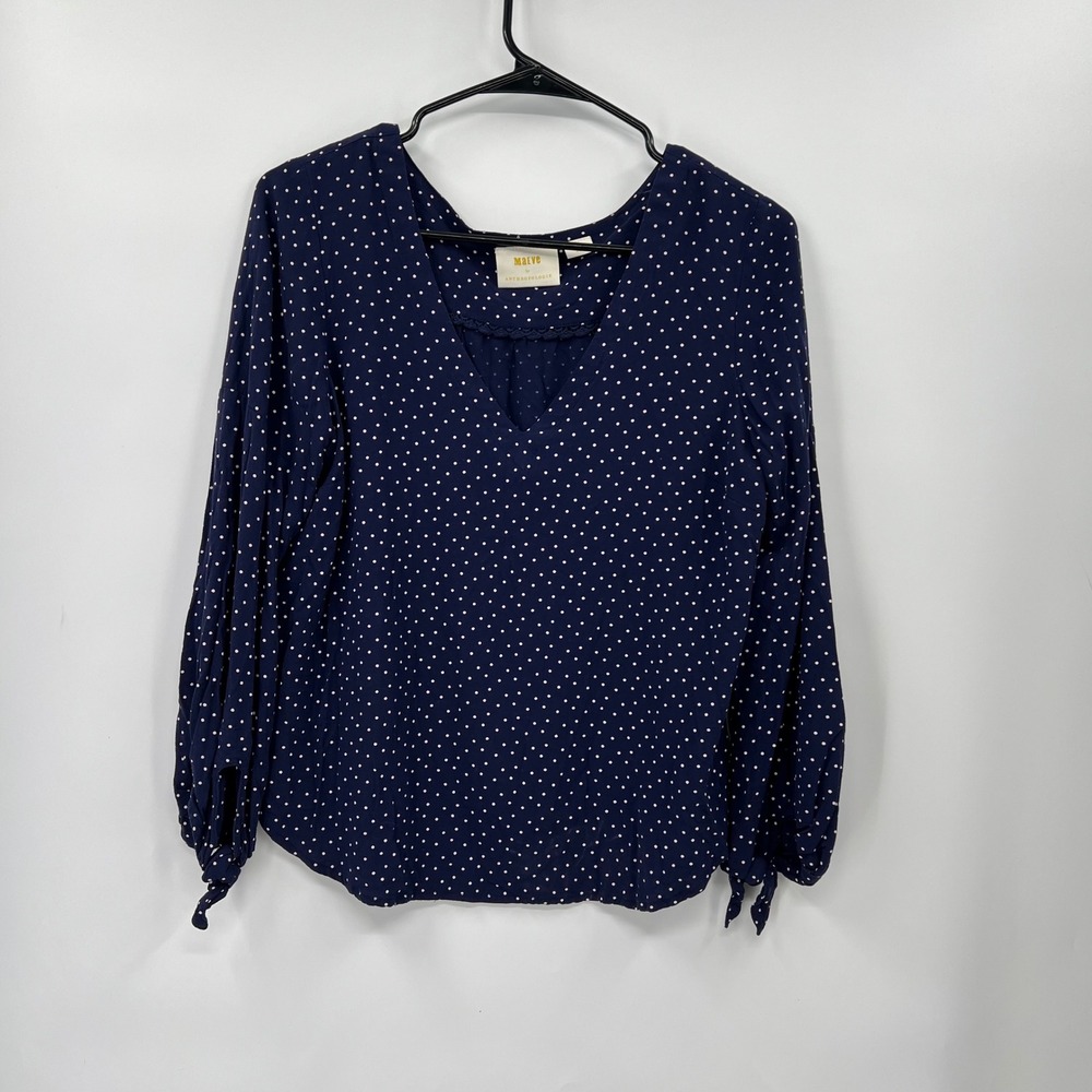 Maeve by Anthropologie Navy Polka Dot V‎ Neck Long Sleeve Tie Cuff Blouse Small